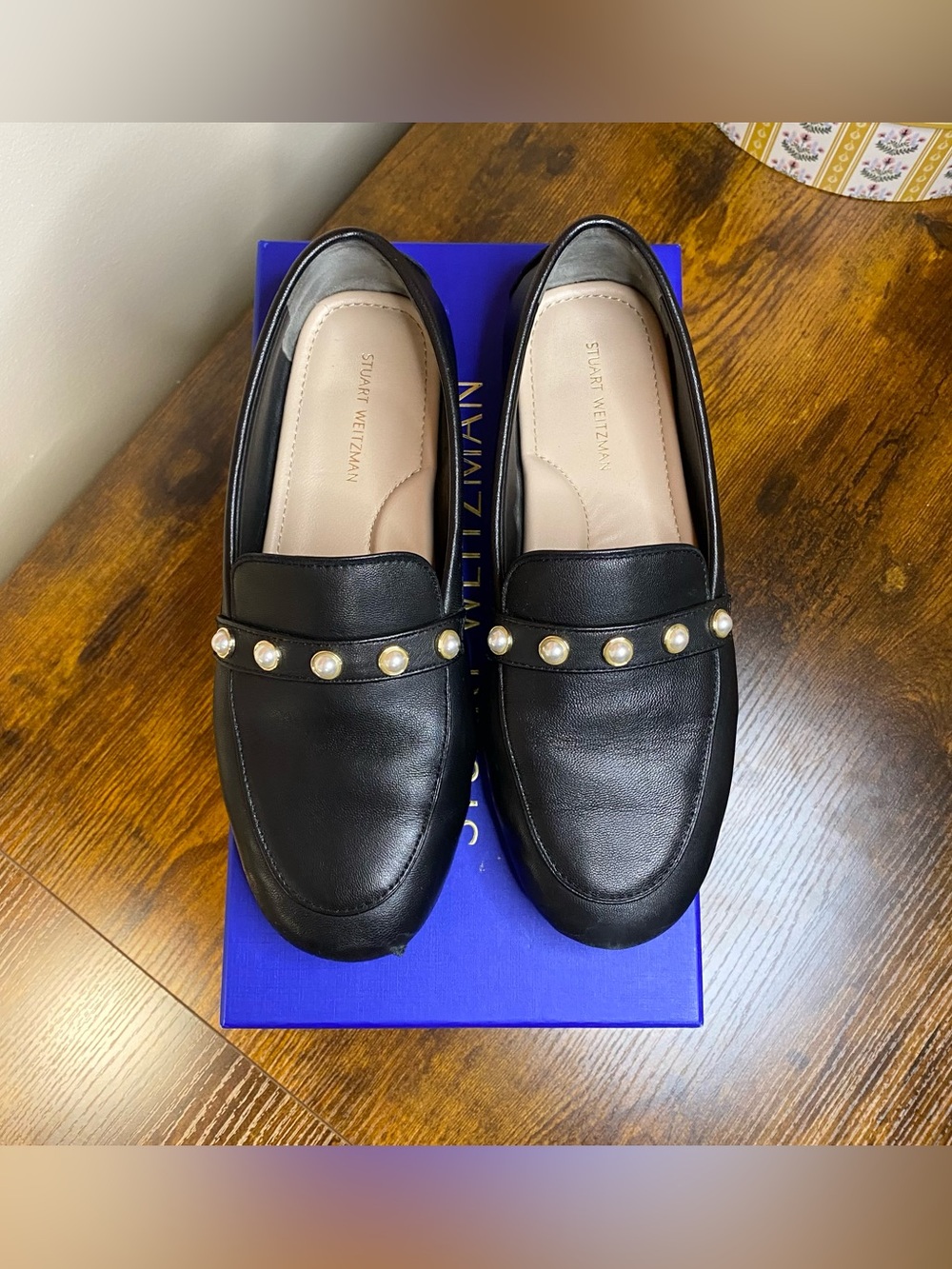 Stuart Weitzman Black Leather Driving Loafers with Pearl Trim